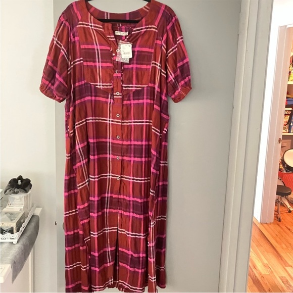 Free People Pink Plaid Outlaw Western Oversized Shirt Dress with Pockets! NWT - Picture 4 of 9